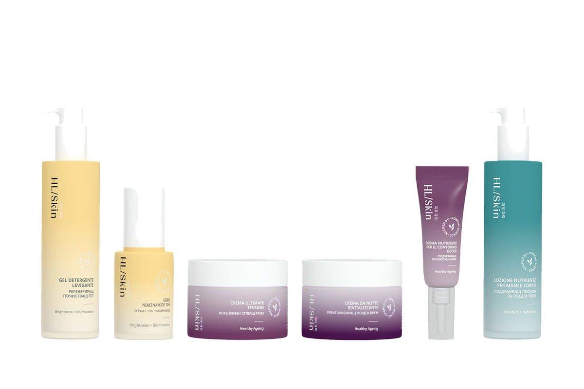 La linea HL/Skin: Gel Detergente Levigante, Siero Niacinamide 10%, Crema Ultimate Tension, Crema da Notte Rivitalizzante, Crema Contorno Occhi e Lozione Mani e Corpo